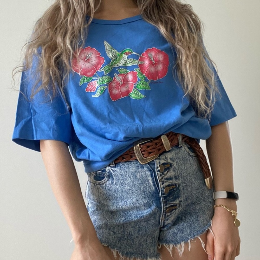 Vintage 90s Hummingbird Hibiscus Single Stitch Tee